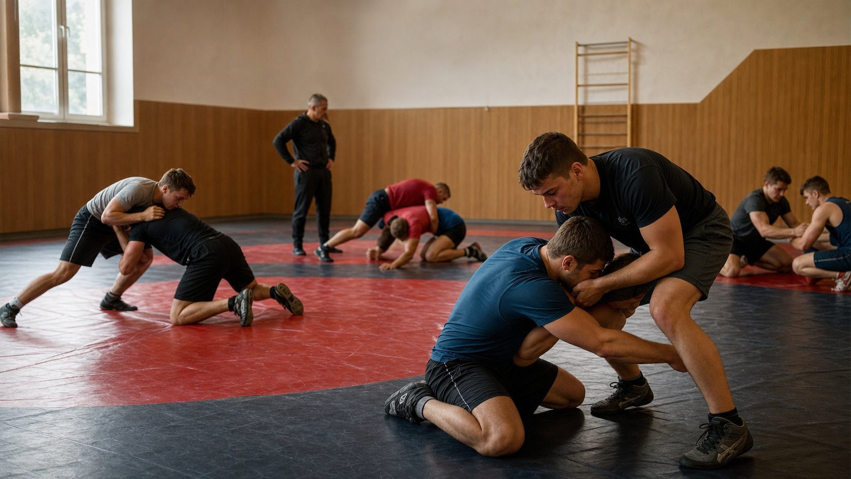 Gemeinsames Ringertraining in einer Sporthalle
